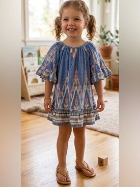 Cleobella Littles Ikat Boho Flutter Sleeve Cotton Tiered Dress Blue Multicolor 3
